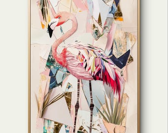 Pink Flamingo in Collage technique with the addition of gold elements and textures, ratio 2x3, modern wall art, DIGITAL DOWNLOAD.