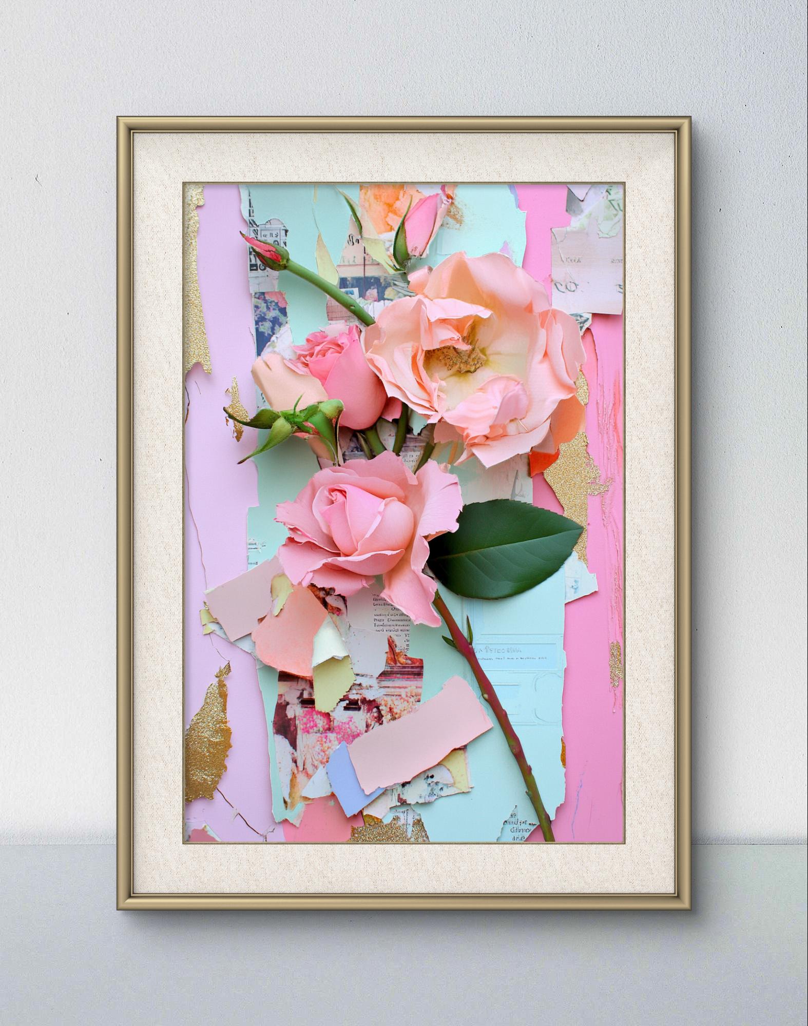 Roses photo in collage technique, pink and blue with gold elements and textures, ratio 2x3, modern wall art, DIGITAL DOWNLOAD.
