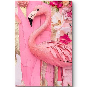 Pink Flamingo in Collage technique with the addition of gold elements and textures, ratio 2x3, modern wall art, DIGITAL DOWNLOAD.