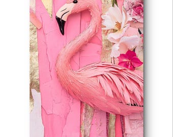 Pink Flamingo in Collage technique with the addition of gold elements and textures, ratio 2x3, modern wall art, DIGITAL DOWNLOAD.