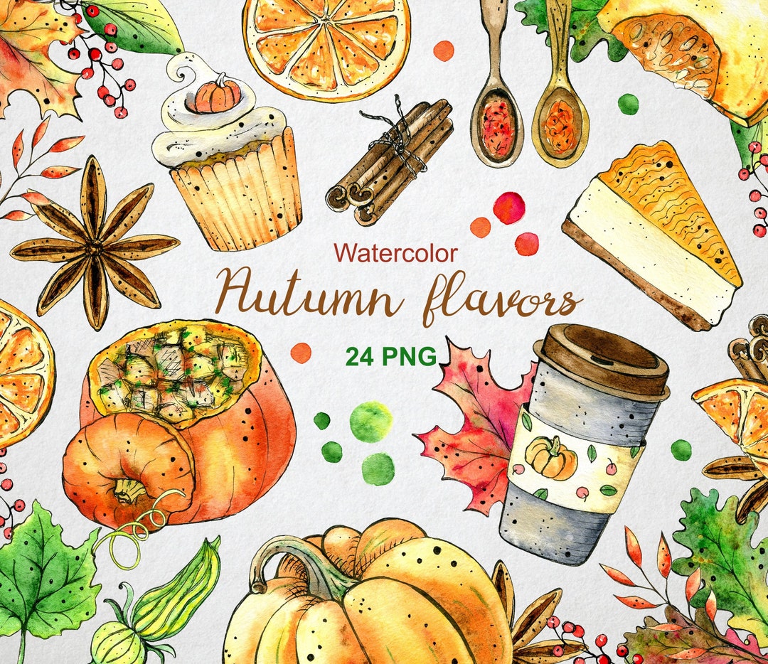 Watercolor Fall Clipart Png, Pumpkin and Autumn Leaves, Cupcake, Coffee ...