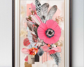 Flowers and feathers in collage technique, pink and grey with gold elements and textures, ratio 2x3, modern wall art, DIGITAL DOWNLOAD.