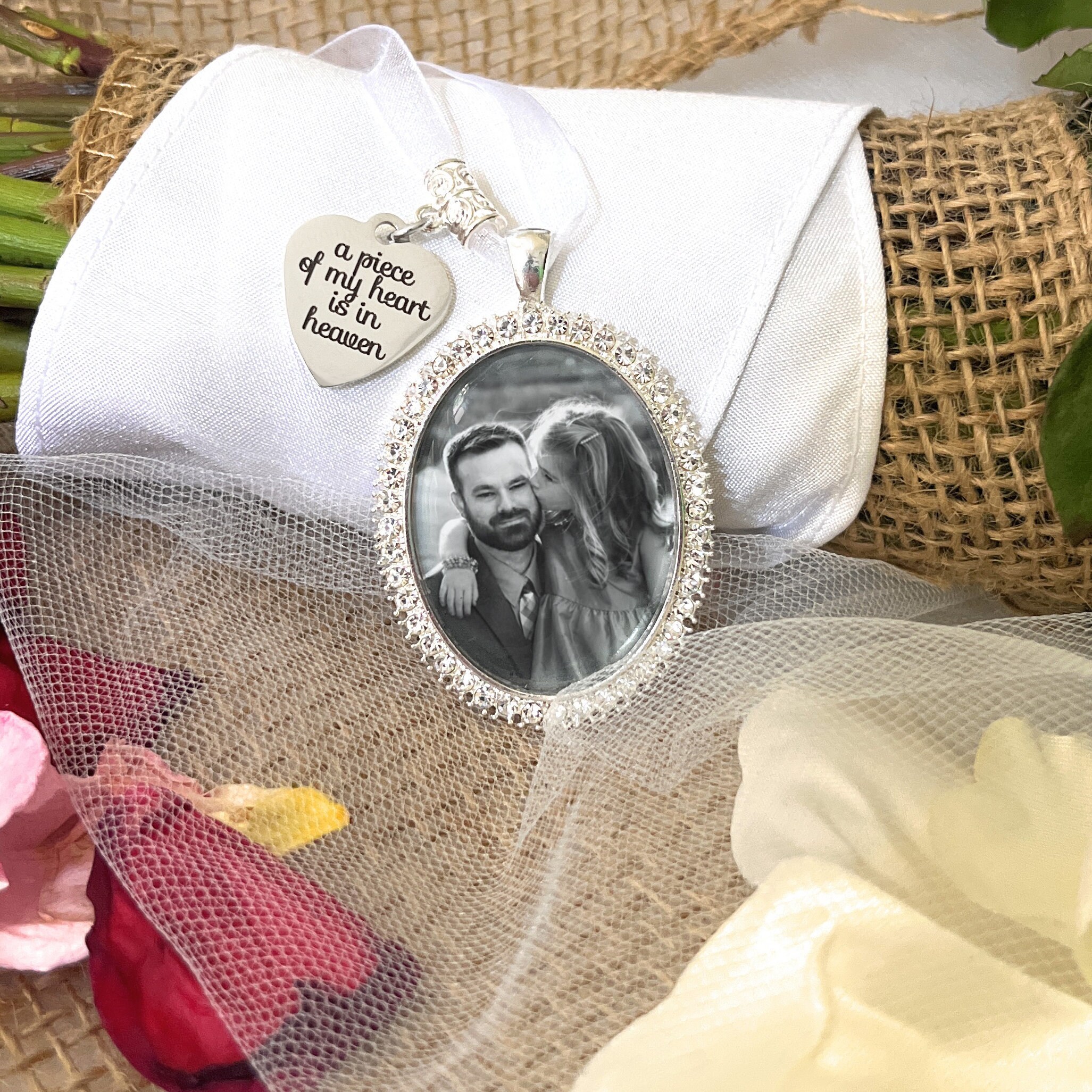 Custom Photo Bouquet Charm-Bride Gift-A Piece Of My Heart Is In Heaven-Loss of Loved One Remembrance on Wedding Day-Photo Bouquet Pendant