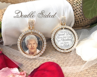 May include: Double-sided gold-tone pendant with a clear crystal border. One side features a photo of an older woman, and the other side has the text "On this Special Day know that I am here Walking you down the Aisle."