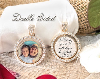 May include: Double-sided gold-tone pendant with a clear crystal halo. One side features a photo of a girl and a man, and the other side has the text "Missing you as I walk down the aisle".