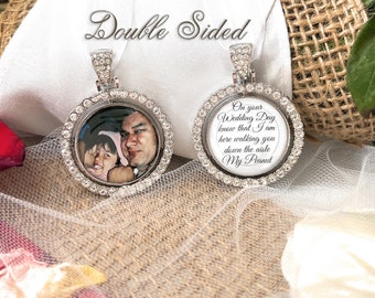 In Loving Memory Bouquet Charm for Bride-Wedding Photo Bouquet Charm-Double Sided-Custom Photo and Saying-Memorial Pendant for Bouquet-Dad