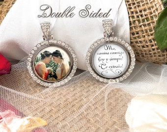 Spanish Memorial Pendant for Wedding-Loss of Mom-Photo Bridal Bouquet Charm-Double Sided-Remembrance Gift-Attach to Bridal Bouquet-Memory