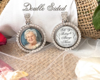 May include: Double-sided memorial charm with a photo on one side and the text "With you today & always - Nana 08.25.2023" on the other side. The charm is silver with a clear crystal border.