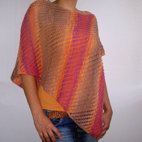 Poncho Pattern - Women Knitted Cotton Poncho/Wrap/Cardigan In Pink/Brown