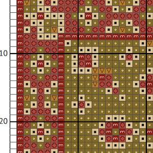Puede incluir: Un gráfico de patrón de punto de cruz con una cuadrícula de cuadrados, cada uno con un símbolo que representa un color. Los símbolos incluyen un signo más, un círculo, un cuadrado, un triángulo y la letra "m". El gráfico está dividido en secciones por líneas negras.