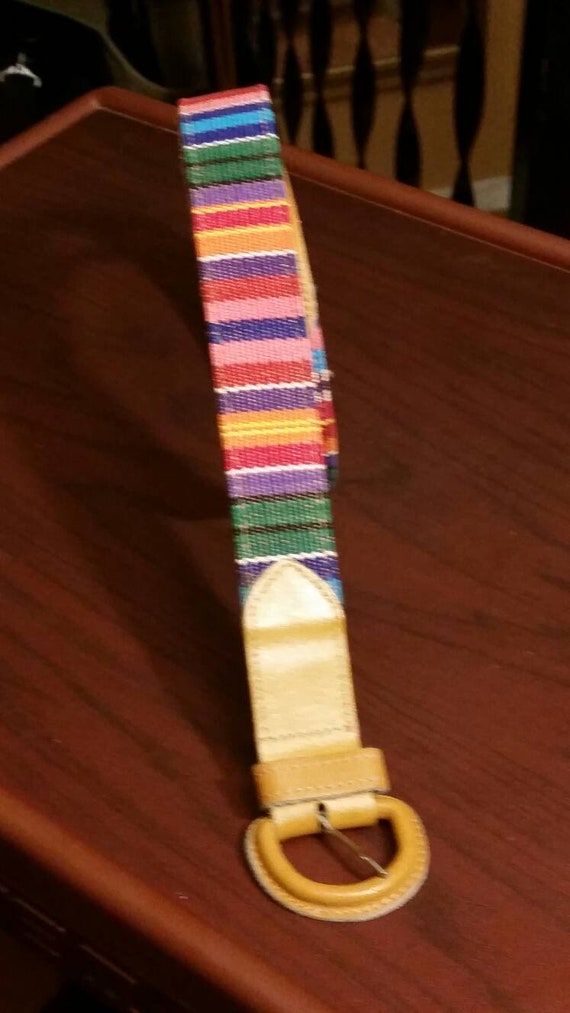 Vintage Guatemalan rainbow and leather belt, size 