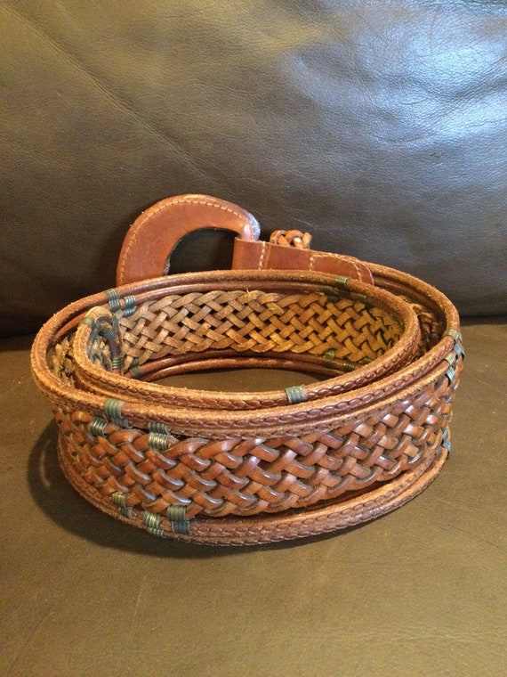 Vintage caramel leather braided, woven boho belt. - image 2