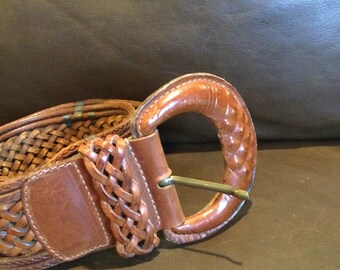 Vintage caramel leather braided, woven boho belt.