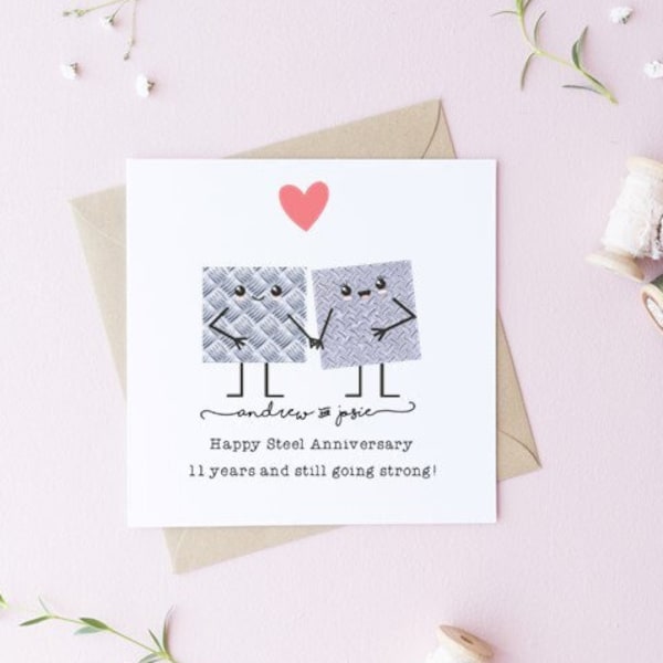 Personalised 11th Steel Anniversary card- Wedding Anniversary, husband, wife