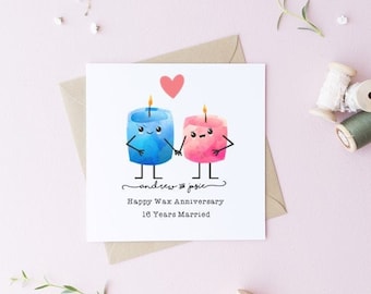 Personalised 16th Candle Wax Anniversary card- Wedding Anniversary, husband, wife