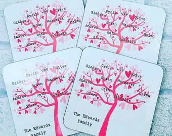 Personalised Coaster Set - Family Tree Design - Wood Cork Coasters ...