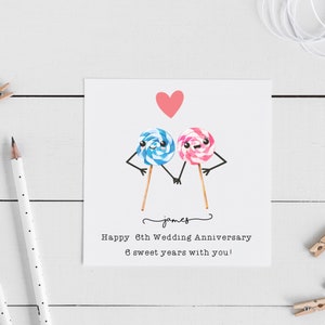 Personalised 6th Candy Anniversary card- Wedding Anniversary, husband wife, wording can be changed available in other languages