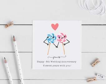 Personalised 6th Candy Anniversary card- Wedding Anniversary, husband wife, wording can be changed available in other languages