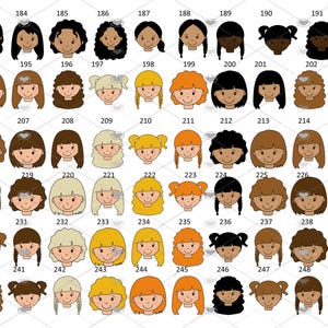 Pode incluir: Um gr&aacute;fico de 64 rostos de desenhos animados diferentes, cada um com um penteado e uma cor de cabelo &uacute;nicos. Os rostos est&atilde;o dispostos em uma grade, com cada linha numerada de 182 a 248.