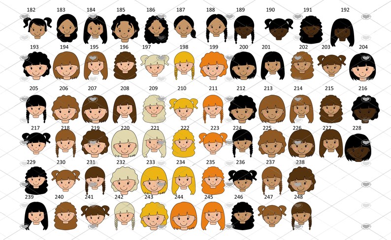 Pode incluir: Um gr&aacute;fico de 64 rostos de desenhos animados diferentes, cada um com um penteado e uma cor de cabelo &uacute;nicos. Os rostos est&atilde;o dispostos em uma grade, com cada linha numerada de 182 a 248.