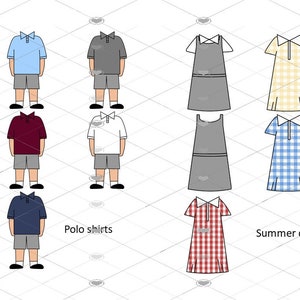 Pode incluir: Um conjunto de nove polos de diferentes cores, incluindo amarelo, azul, verde, vermelho e azul marinho. As camisas s&atilde;o todas de manga curta e t&ecirc;m um colarinho abotoado. Abaixo das camisas, o texto "Polo shirts" &eacute; exibido. Um conjunto de quatro vestidos de ver&atilde;o em diferentes cores e padr&otilde;es, incluindo xadrez amarelo, xadrez azul, xadrez vermelho e cinza. Os vestidos s&atilde;o todos sem mangas e t&ecirc;m um decote redondo. Abaixo dos vestidos, o texto "Summer dresses" &eacute; exibido.