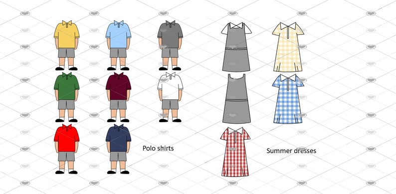 Pode incluir: Um conjunto de nove polos de diferentes cores, incluindo amarelo, azul, verde, vermelho e azul marinho. As camisas s&atilde;o todas de manga curta e t&ecirc;m um colarinho abotoado. Abaixo das camisas, o texto "Polo shirts" &eacute; exibido. Um conjunto de quatro vestidos de ver&atilde;o em diferentes cores e padr&otilde;es, incluindo xadrez amarelo, xadrez azul, xadrez vermelho e cinza. Os vestidos s&atilde;o todos sem mangas e t&ecirc;m um decote redondo. Abaixo dos vestidos, o texto "Summer dresses" &eacute; exibido.