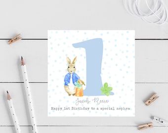 Personalised 1st Birthday card, rabbit, son, Grandson, daughter christening