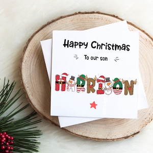 Cartão de Natal personalizado - filho, filha, sobrinha, sobrinho, neto, as palavras podem ser alteradas 4 designs Papai Noel, boneco de neve, rena, elfo