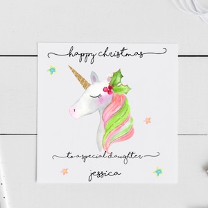 Personalised Unicorn Christmas card- daughter, granddaughter, niece