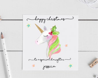 Personalised Unicorn Christmas card- daughter, granddaughter, niece