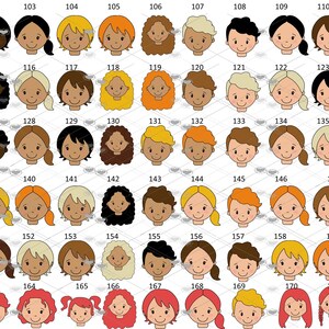 Pode incluir: Um gr&aacute;fico de 181 rostos de desenhos animados diferentes, cada um com um penteado, cor de cabelo e tom de pele &uacute;nicos. Os rostos est&atilde;o dispostos em um padr&atilde;o de grade, com cada linha numerada de 100 a 181.
