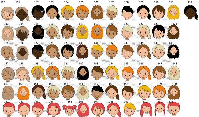 Pode incluir: Um gr&aacute;fico de 181 rostos de desenhos animados diferentes, cada um com um penteado, cor de cabelo e tom de pele &uacute;nicos. Os rostos est&atilde;o dispostos em um padr&atilde;o de grade, com cada linha numerada de 100 a 181.