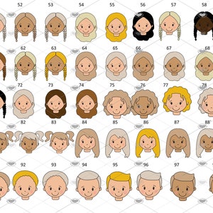 Pode incluir: Um conjunto de 99 rostos de desenhos animados, cada um com um penteado, cor de cabelo e tom de pele diferentes. Os rostos est&atilde;o dispostos em uma grade, com os n&uacute;meros de 49 a 99 rotulando cada rosto.