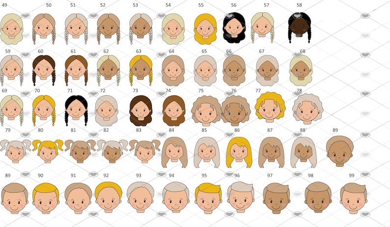 Pode incluir: Um conjunto de 99 rostos de desenhos animados, cada um com um penteado, cor de cabelo e tom de pele diferentes. Os rostos est&atilde;o dispostos em uma grade, com os n&uacute;meros de 49 a 99 rotulando cada rosto.