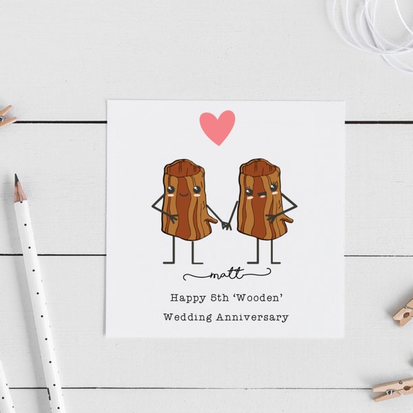 Personalised 5th wedding anniversary card, wood, husband, wife couple love