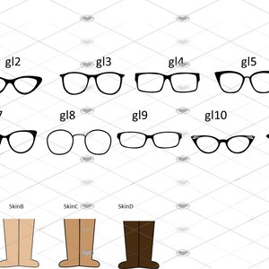 Pode incluir: Um conjunto de 11 estilos diferentes de &oacute;culos, etiquetados como gl1 a gl11. Abaixo dos &oacute;culos, quatro pernas de botas de diferentes cores, etiquetadas como tom de pele, pele a, pele b e pele c.