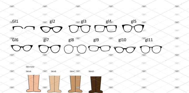 Pode incluir: Um conjunto de 11 estilos diferentes de &oacute;culos, etiquetados como gl1 a gl11. Abaixo dos &oacute;culos, quatro pernas de botas de diferentes cores, etiquetadas como tom de pele, pele a, pele b e pele c.