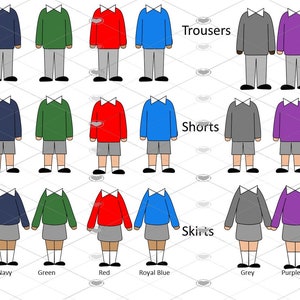 Pode incluir: Um gr&aacute;fico que mostra diferentes op&ccedil;&otilde;es de uniforme escolar para meninos e meninas. O gr&aacute;fico mostra uma variedade de cores para su&eacute;teres, camisas e cal&ccedil;as, shorts ou saias. As cores incluem bord&ocirc;, amarelo, azul marinho, verde, vermelho, azul royal, cinza e roxo. O texto no gr&aacute;fico diz "Cal&ccedil;as", "Shorts", "Saias", "Uniformes tamb&eacute;m dispon&iacute;veis em preto e azul claro", "Se voc&ecirc; gostaria de outra cor, por favor, envie-me uma mensagem", e "Op&ccedil;&otilde;es de cardigan tamb&eacute;m dispon&iacute;veis".