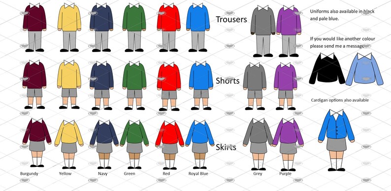 Pode incluir: Um gr&aacute;fico que mostra diferentes op&ccedil;&otilde;es de uniforme escolar para meninos e meninas. O gr&aacute;fico mostra uma variedade de cores para su&eacute;teres, camisas e cal&ccedil;as, shorts ou saias. As cores incluem bord&ocirc;, amarelo, azul marinho, verde, vermelho, azul royal, cinza e roxo. O texto no gr&aacute;fico diz "Cal&ccedil;as", "Shorts", "Saias", "Uniformes tamb&eacute;m dispon&iacute;veis em preto e azul claro", "Se voc&ecirc; gostaria de outra cor, por favor, envie-me uma mensagem", e "Op&ccedil;&otilde;es de cardigan tamb&eacute;m dispon&iacute;veis".