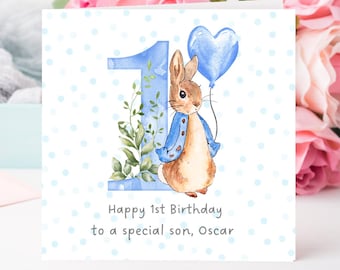 Personalised 1st Birthday Card - Rabbit Theme, Son, Grandson, Daughter, Christening, Peter