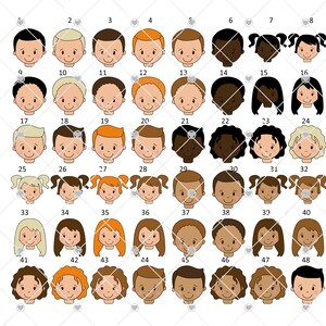 Pode incluir: Um conjunto de 48 rostos de desenhos animados, cada um com um penteado, tom de pele e express&atilde;o facial diferentes. Os rostos est&atilde;o dispostos em uma grade de 8 linhas e 6 colunas.
