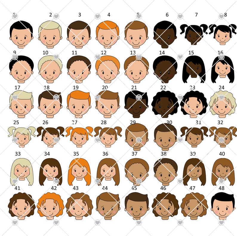 Pode incluir: Um conjunto de 48 rostos de desenhos animados, cada um com um penteado, tom de pele e express&atilde;o facial diferentes. Os rostos est&atilde;o dispostos em uma grade de 8 linhas e 6 colunas.