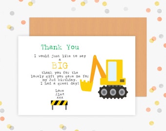 Personalised Digger Birthday Thank You Cards- construction theme