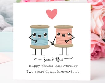 Personalised 2nd Cotton Anniversary card- Wedding Anniversary Husband, wife
