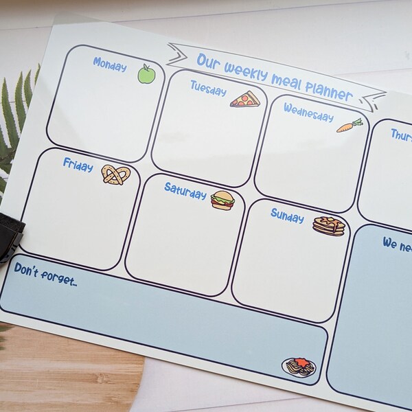 Personalised Metal Meal Planner- comes with magnetic strips to add to the fridge- Aluminium wipe clean planning board