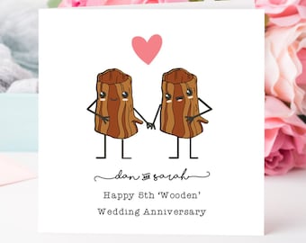 Personalised 5th wedding anniversary card, wood, husband, wife couple love