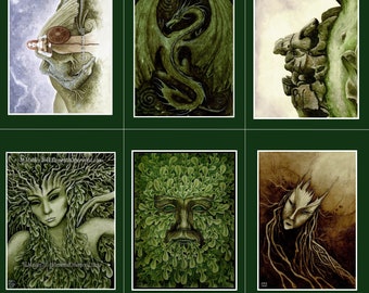 Handmade Nature Guardians Card Set: Earth Dragon, Green Man, Dryad, Protective Spirits