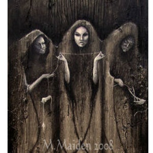 The Fates PRINT Three Norns Viking Heathen Norse myth art, Pagan Moirai Greek mythology art, Web of Wyrd