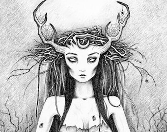 Wood Nymph ORIGINAL Pencil Drawing of a dark faerie wood spirit succubus