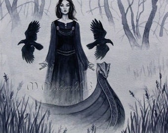 Three Ravens PRINT Avalon witch priestess, Faerie Lady of the Lake, Glastonbury blue mists art